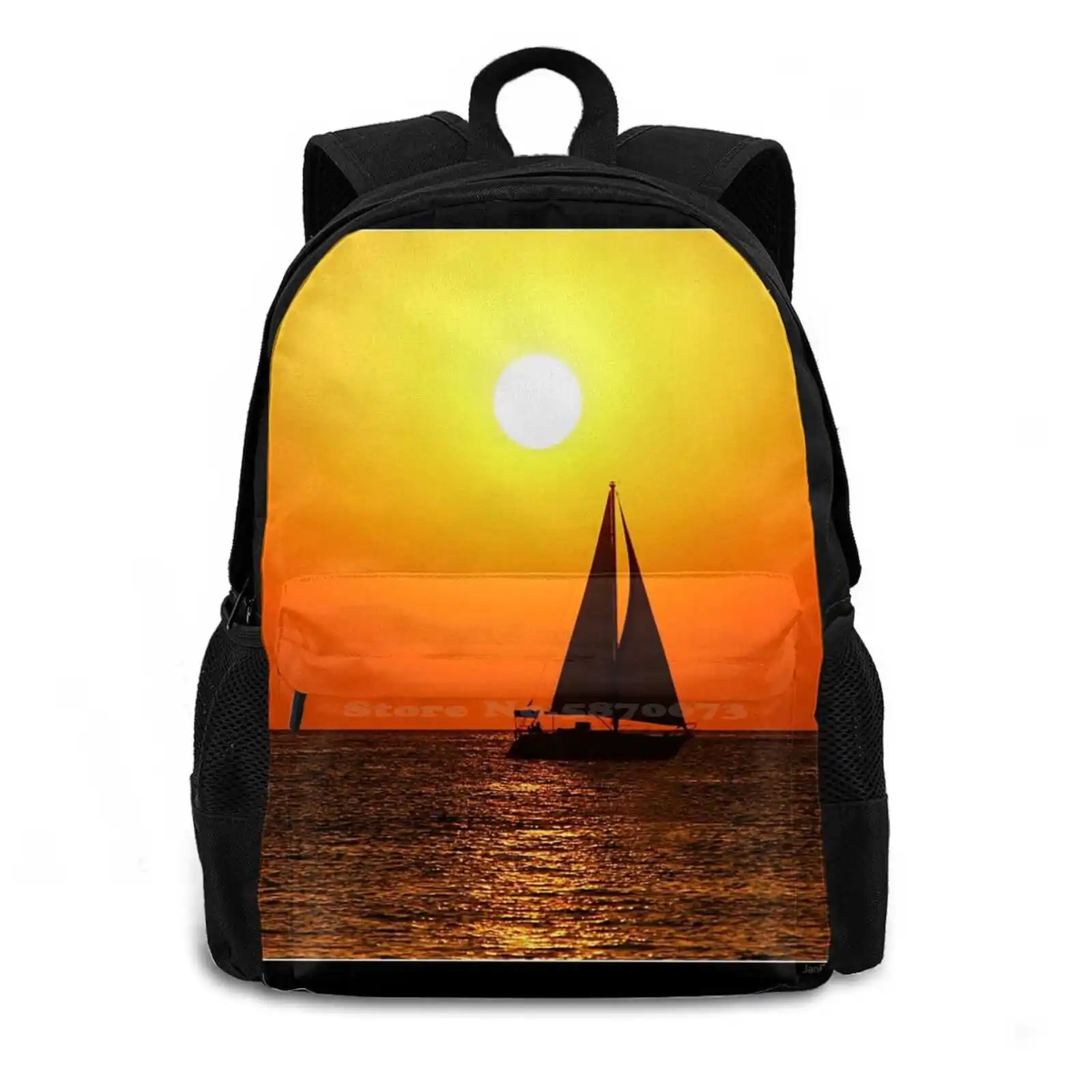 Sunset@Café 1 Large Capacity School Backpack Laptop Bags Spain Ibiza San Antonio Café Sunset Boat Silhouette Orange