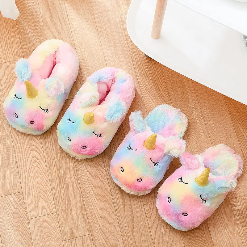 Hot Girl\'s Home Lovely Plush Soft Shoes Women Indoor Warm Colored Cartoon Unicorn Slippers Ladies Funny Furry Comfortable Slides