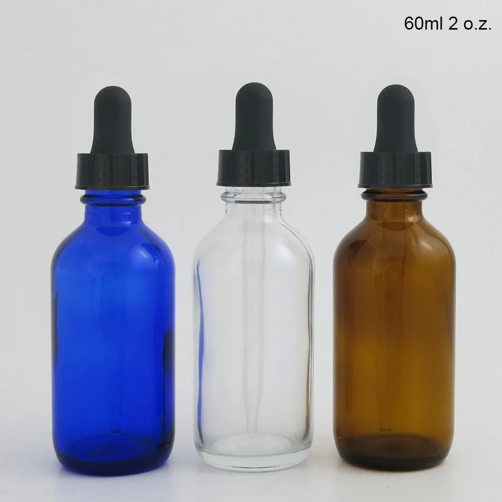 10PCS/lot 60ml Empty Boston Round amber blue clear glass save dropper bottle 2oz amber essential oil bottle with black dropper