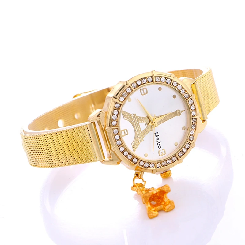 Nice Pop Vogue Stainless Steel Gold & Silver Band Quartz Wtach Luxury Women Rhinestone Watches Valentine  clock