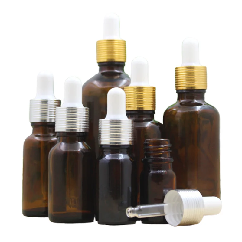 

15pcs 5ML-100ML Brown Glass Dropper Bottle Gold Silver Screw Ring White Rubber Top Empty Travel Essential Oil Refillable Vials