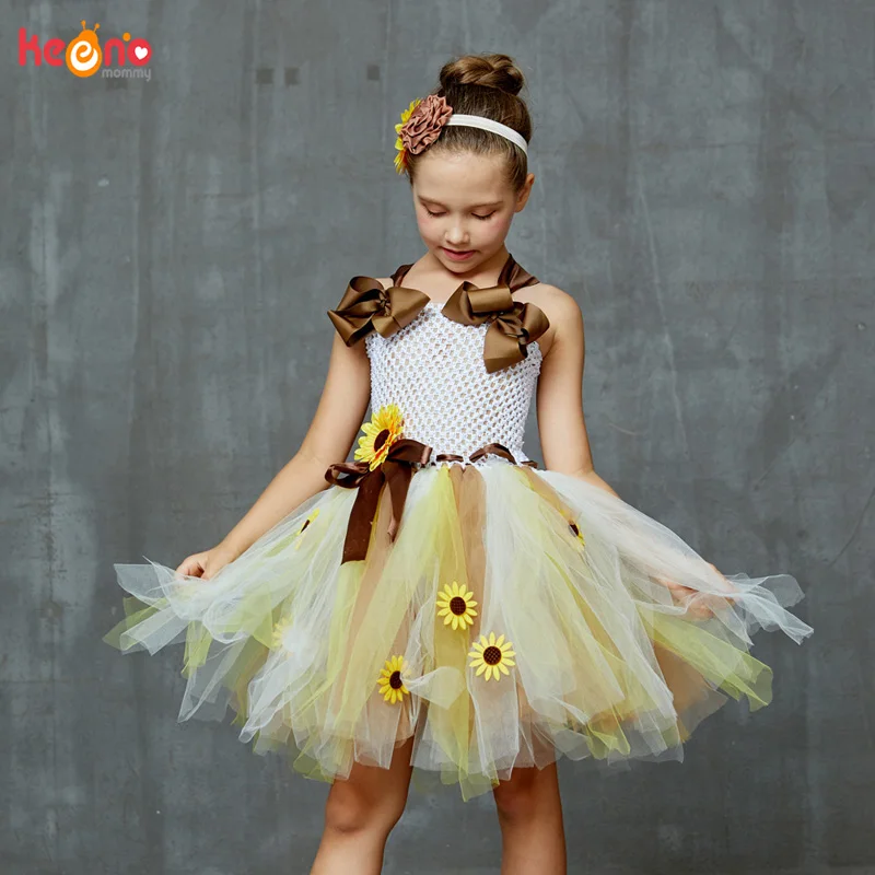 Sweet Sunshine Sunflower Tutu Dress with Matching Headband Flower Girl Bridal Birthday Pageant Costume Kids Autumn Dresses