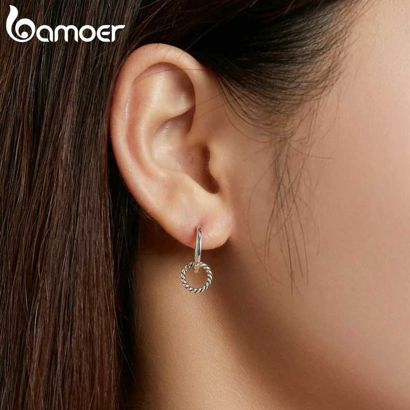 Bamoer 2021 Summer Simple Double Ring Ear Buckle Classic 925 Sterling Silver Ladies Earrings Elegant Birthday Jewelry GXE1199