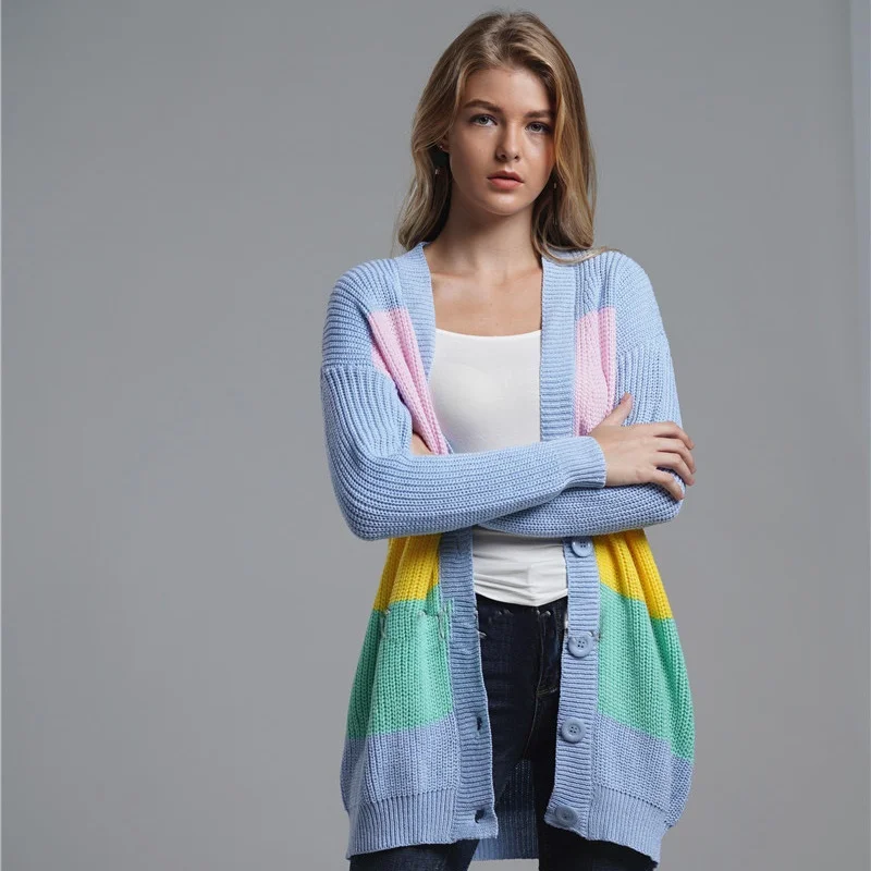 

Autumn Winter Sweater Female Rainbow Contrast Color Striped Casual Tops Long Cardigan Coat Patchwork Fashion Knitwear DD2356