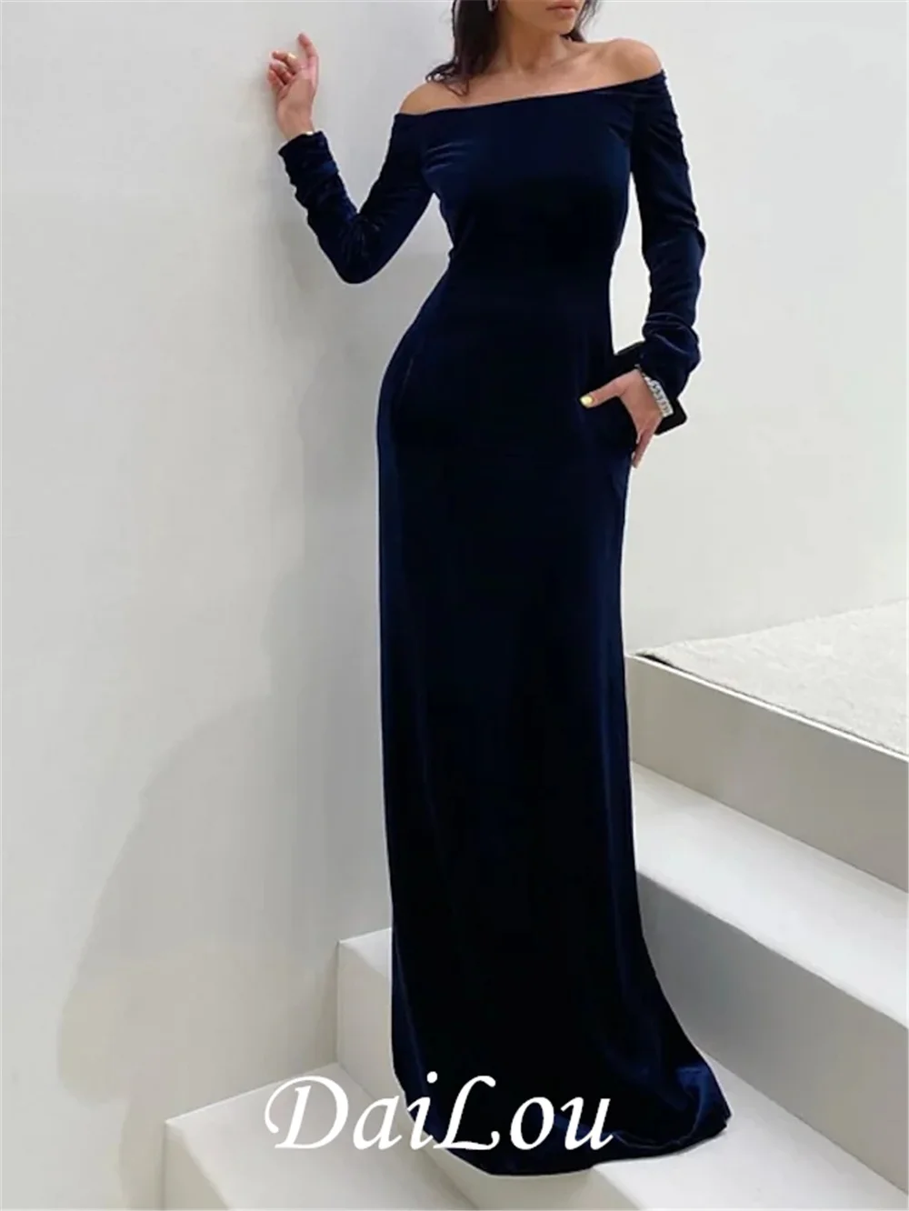 Sheath / Column Minimalist Elegant Wedding Guest Formal Evening Dress Off Shoulder Long Sleeve Floor Length Velvet with Sleek