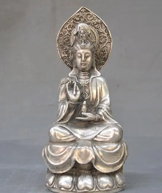 

10"Marked old Chinese silver Buddhism Kwan-Yin Guanyin Bodhisattva Buddha statue