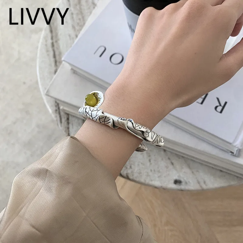 

LIVVY Vintage Ethnic Style Niche Design Flower Silver Color Bracelet Female Light Luxurious Adjust Party Jewelry Gifts