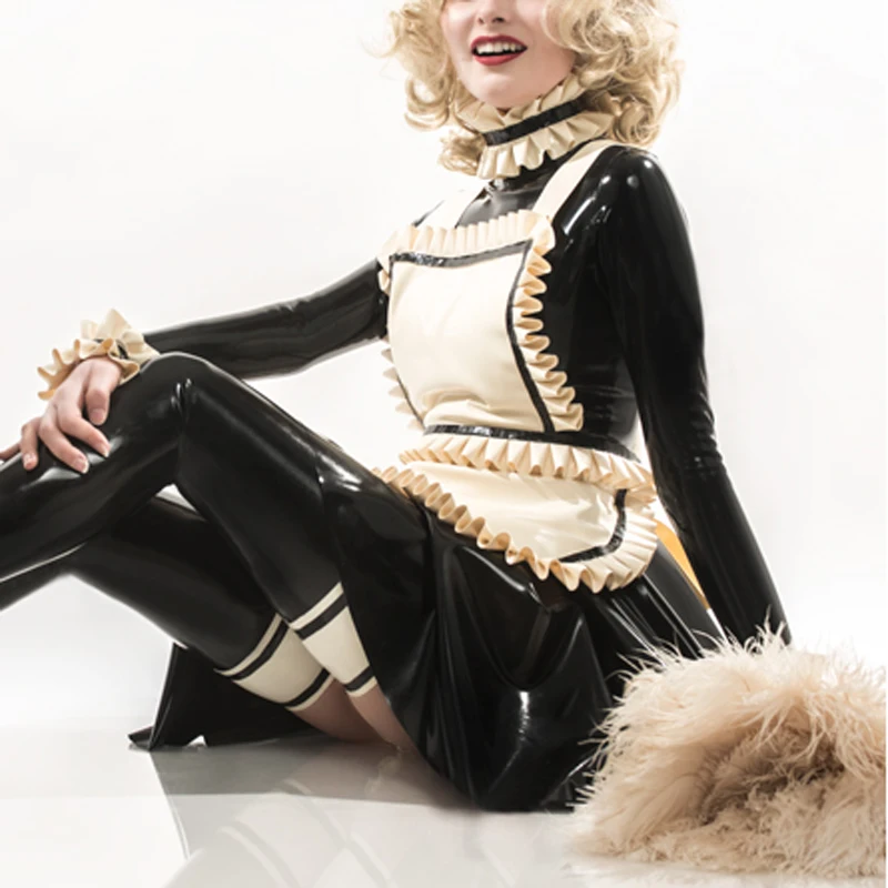 Sexy French Maid Latex Dress With Strips On Big Apron Zipper At Back Rubber Uniform Bodycon Playsuit LYQ-0235 view 3