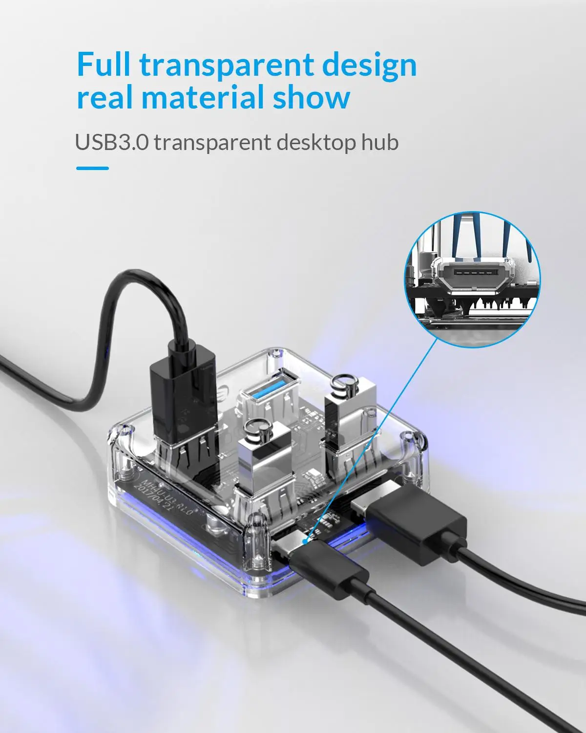 ORICO Transparent Series USB HUB  4 Ports USB 3.0 Desktop HUB High Speed USB Splitter Support OTG With Micro USB Power Interface