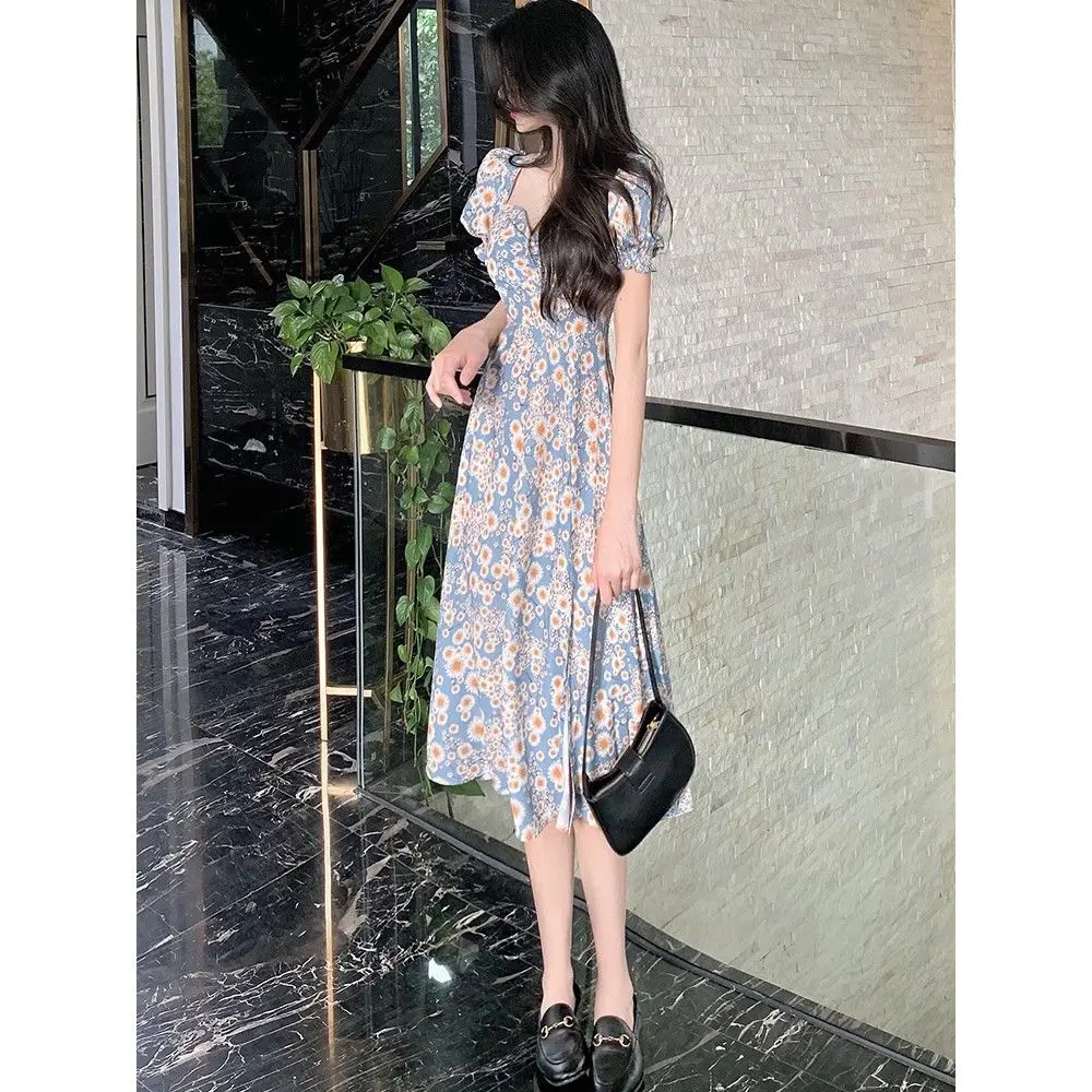 Outono novo estilo puff manga floral midi-saia vestido para mulher vestido de mulher vestido de mujer femme robe