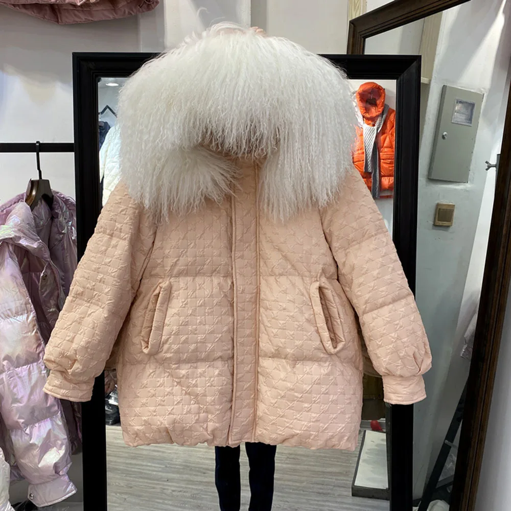 2021 Fashion Winter Real Lamb Fur Collar 90% Down Jacket Women\'s Warm Down Coat Korean Loose Thickening Warm Overcoats Female