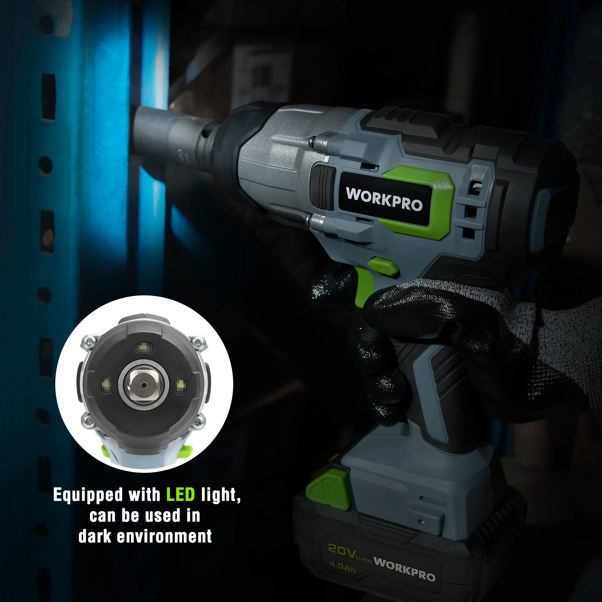 WORKPRO 20V 무선 전동 임팩트 렌치 300NM LED 빛이 있는 1/2인치 전동 렌치 급속충전 전동공구용 배터리