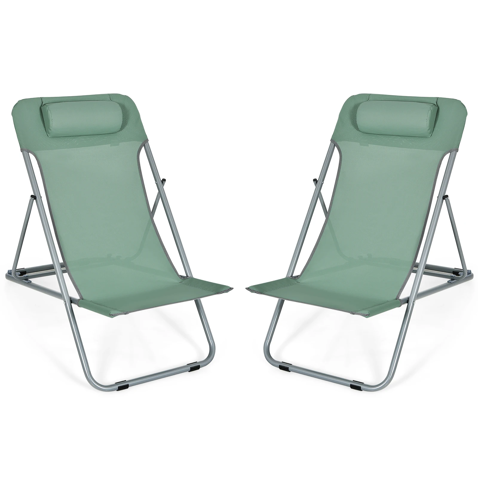 Patiojoy Set of 2 Beach Chair Portable 3-Position Lounge Chair w/ Headrest Green