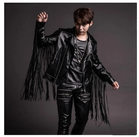 

Club Bar Hip Hop Jazz show costumes Band stage outfit Tide male singer PU leather Tassels Jacket Blazer Zipper pants suit sets