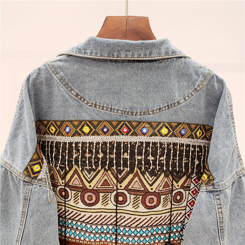 2024 Autumn Denim Jacket Vintage Jeans Jacket Coat Women Tassel Embroidery Flowers Denim Coat Loose Long Sleeve Female Outwear