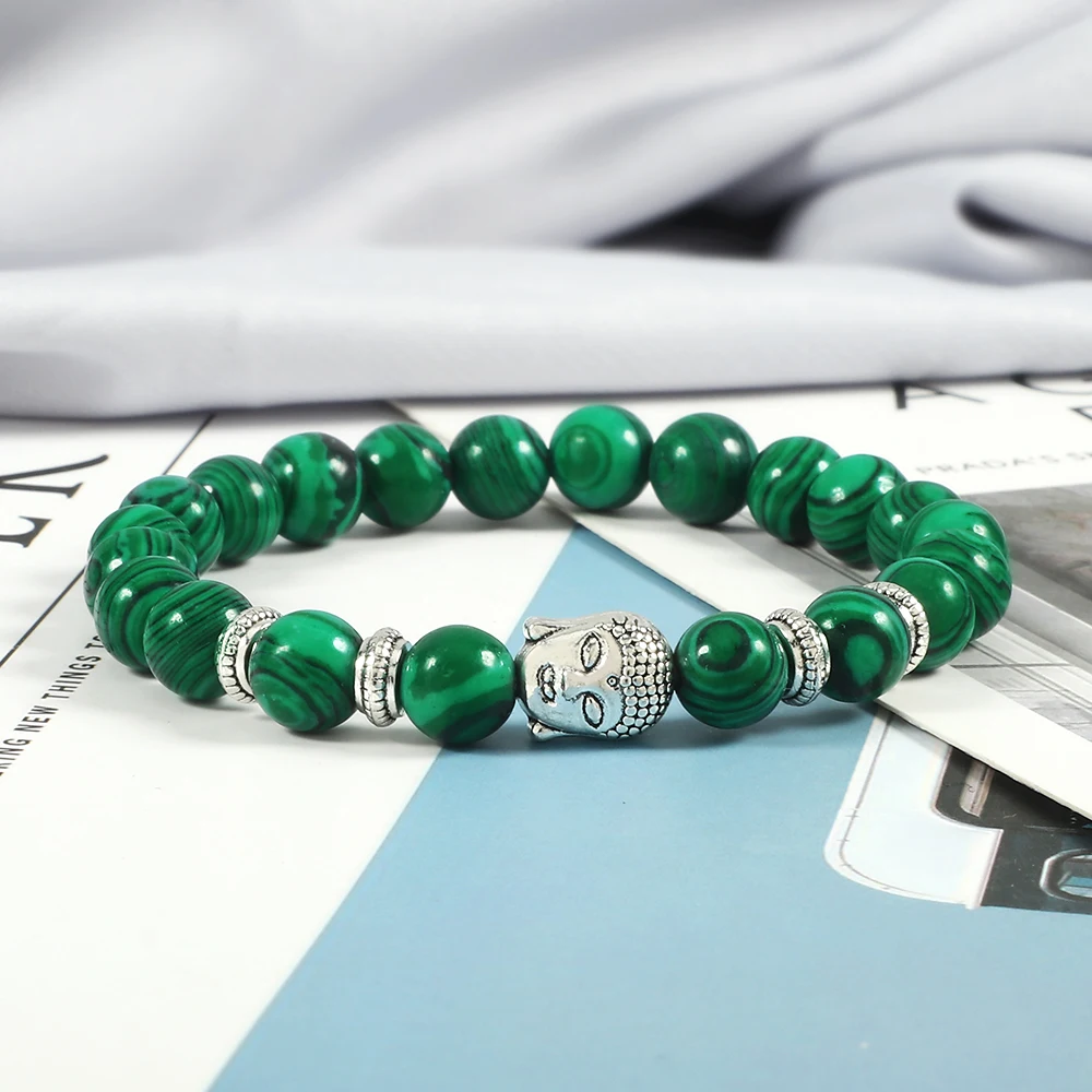 Buddha Head Bracelet Natural Onyx Lava Beads Bangle Malachite Stone Elastic Handmade Jewelry For Women Men Buddha Bracelets Gift