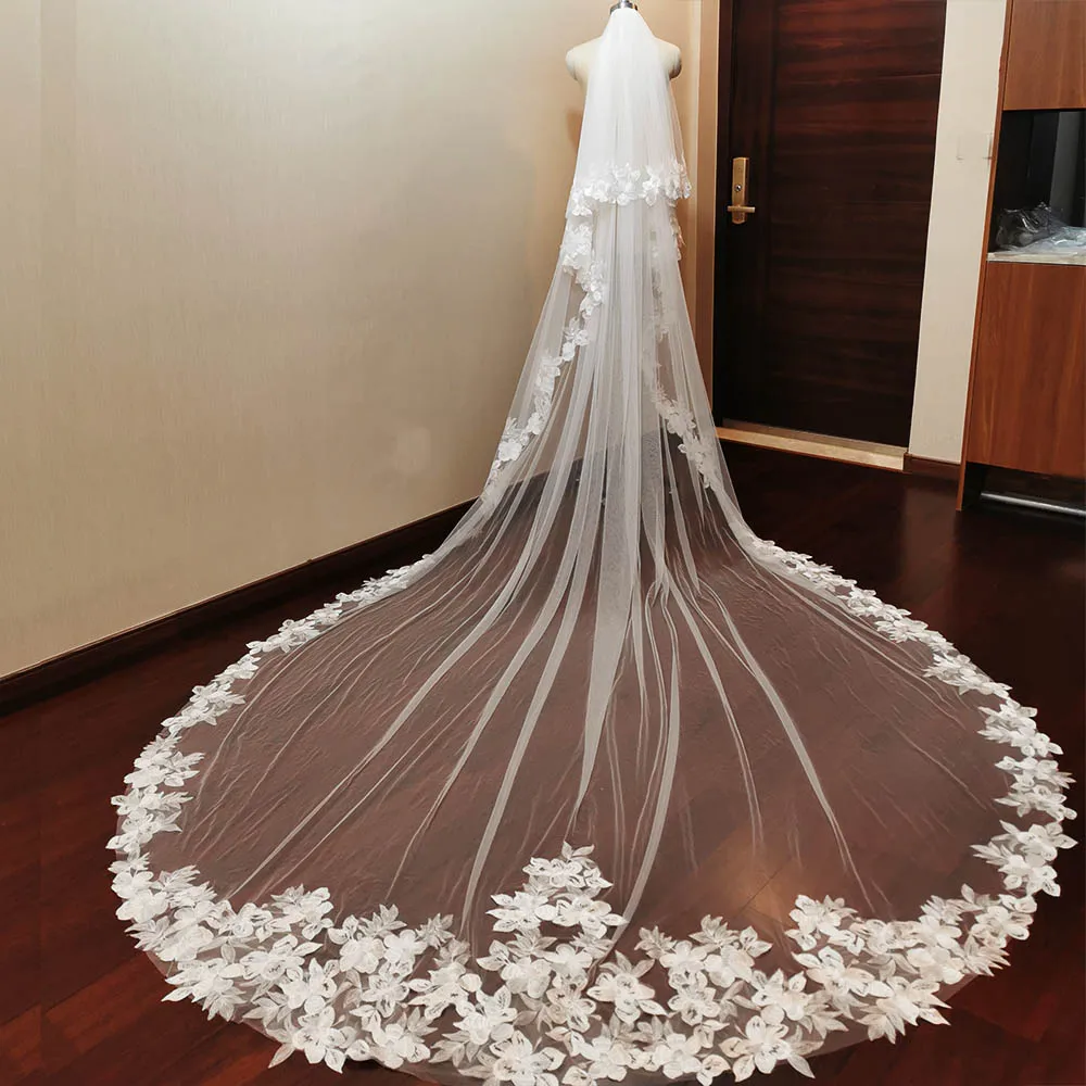 Long Lace Wedding Veil 2 Layers 4 Meters Bridal Veil with Comb White Ivory Elegant 2T Veil for Bride Wedding Accessories