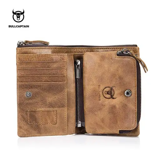 BULLCAPTAIN Cartera de cuero auténtico para hombre, monedero corto, cartera pequeña Retro, marca alta RFID, nueva cartera corta