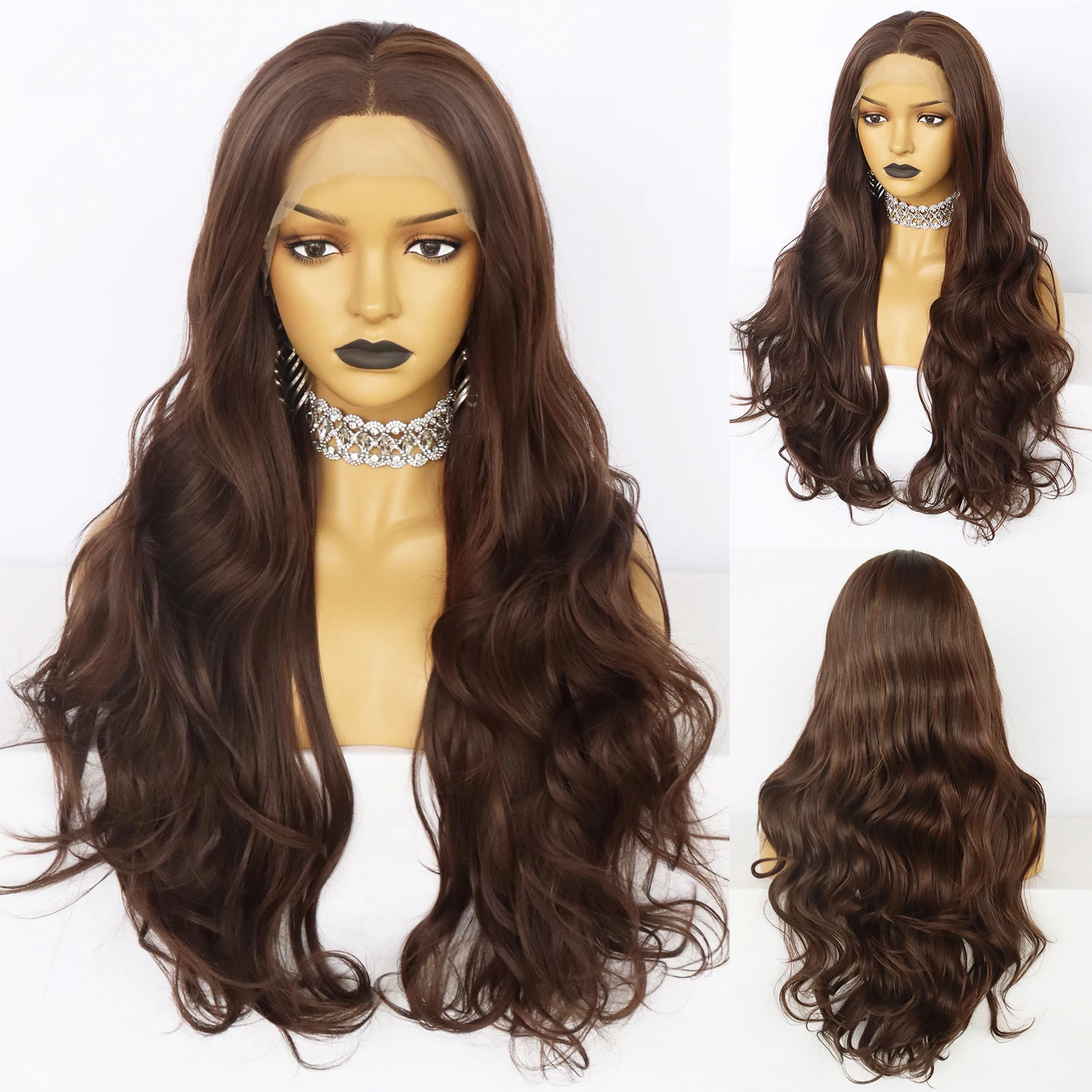 JONETING Long Wavy Brown T Type Lace Front Fiber Heat Resistant Synthetic Wigs for Women Party