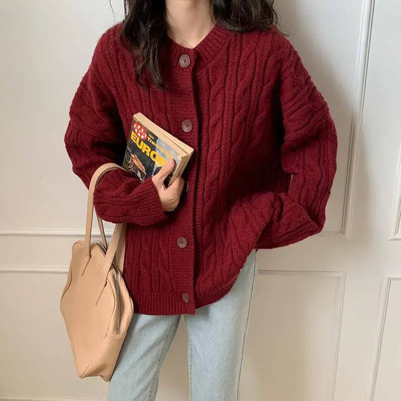 New Wine Red Cardigan Sweater Korean Vintage Fried Dough Knitting Single Breasted Style Black O-Neck Loose Sweater Coat