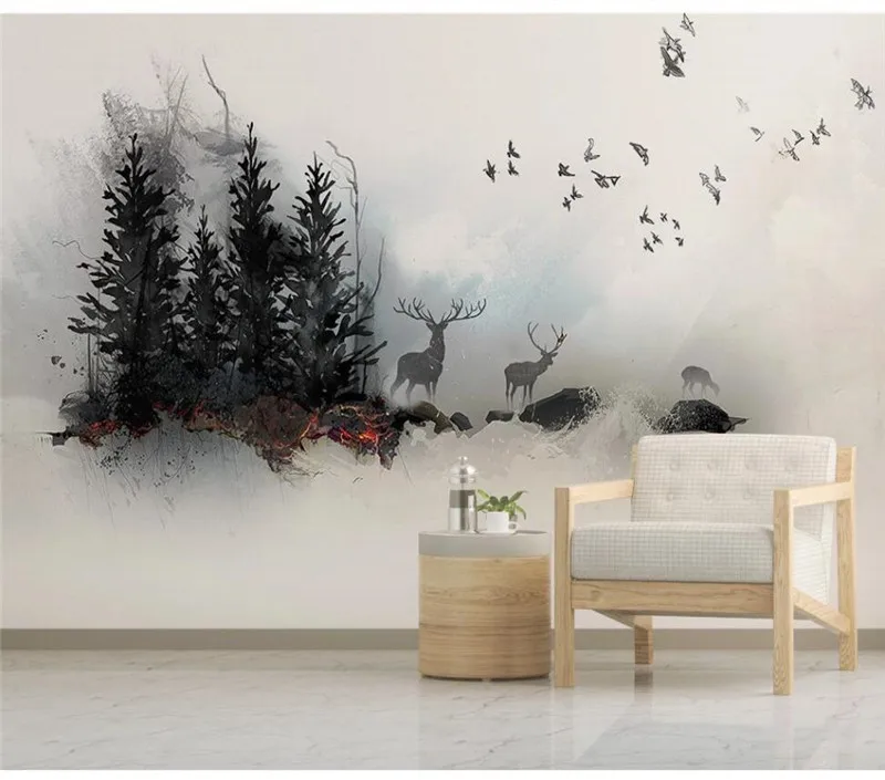 Xuesu papel de parede personalizado, novo design artístico chinês tinta abstrata paisagem alças pássaro fundo parede