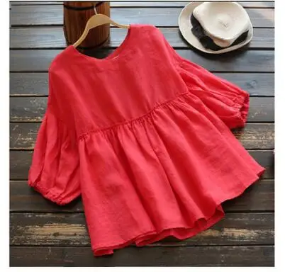 1pcs/lot Fashion Ruffle Blouse Summer Women Vintage Casual Linen Tops Female Lantern Sleeve female solid top