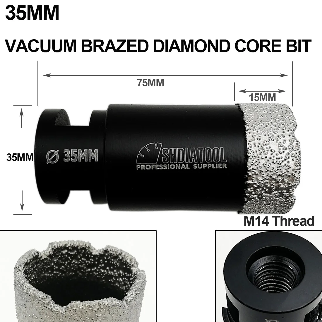 SHDIATOOL 2pcs 35mm Vacuum Brazed Diamond Dry Drilling Bits M14 Thread For Porcelain Tile Granite Marble Stone Hole Saw