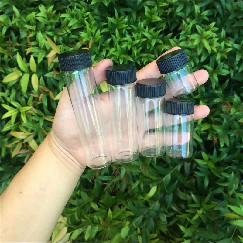 

15ml 25ml 40ml 50ml 60ml Hyaline Glass Jars Black Plastic Lid Clear Vitreous Bottle Refillable Travel Vials 50Pcs Gifts Crafts