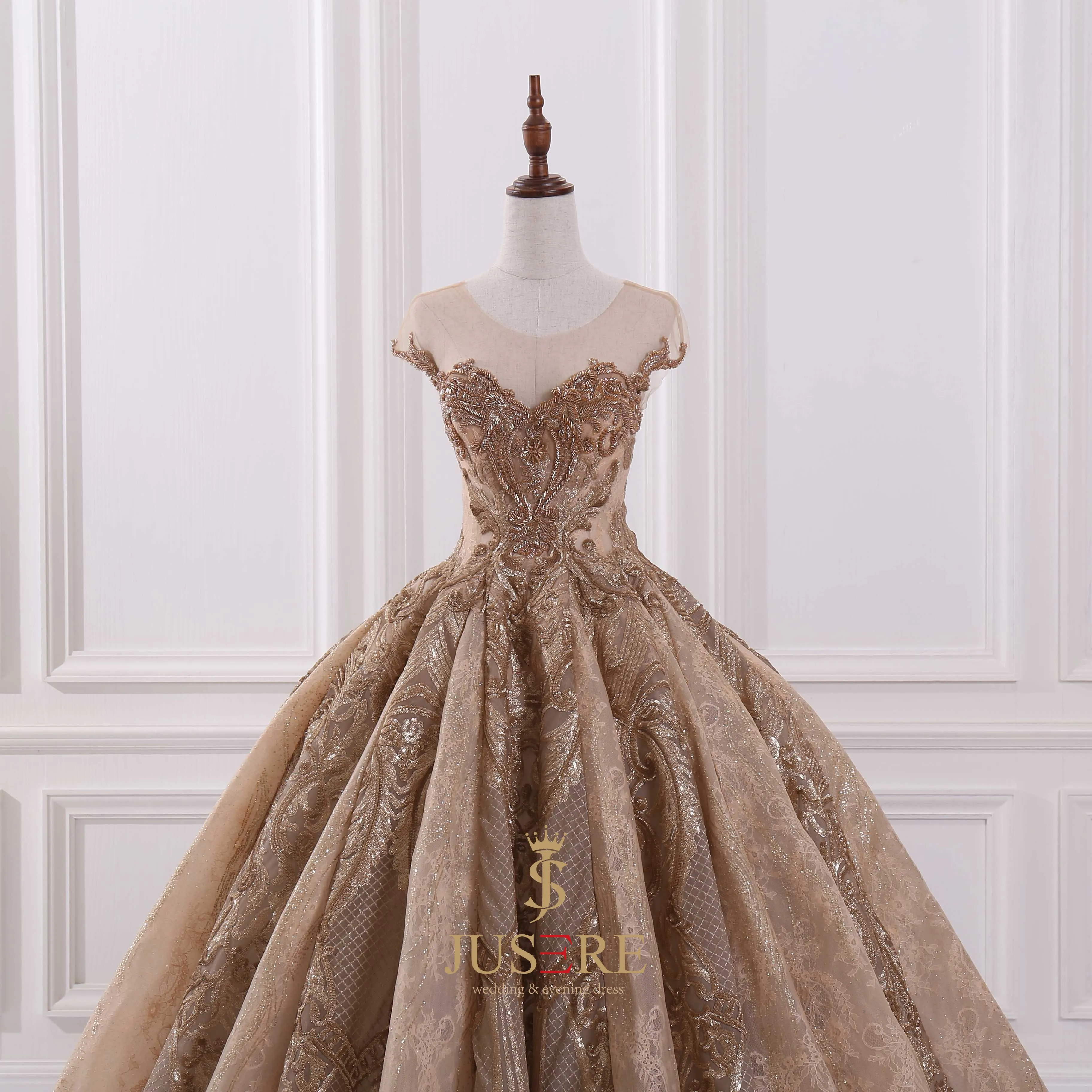 ราคาแพงสีทอง Puffy Ball Gown สไตล์อาหรับ Jusere จริงหรูหรา Ball Gown เลื่อมชุดราตรี2021