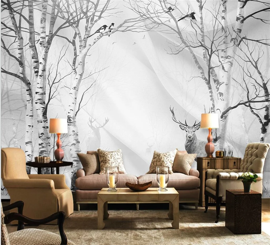 

Custom wallpaper photo European-style nostalgic birch tree deer relief mural background wall mural home decoration 3d wallpaper