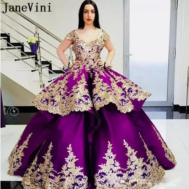 JaneVini-vestidos de quinceañera púrpura árabe, vestido Formal de baile de graduación, apliques de encaje dorado satinado escalonado, dulce fiesta 16, 2020