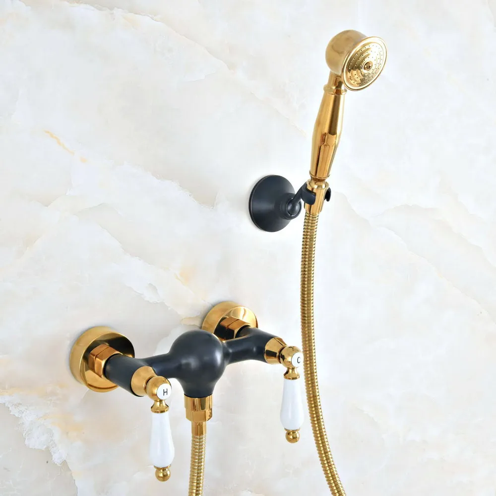 Black Gold Wall Mounted Bathroom Shower Faucet Bath Mixer Tap With Hand Shower Sprayer Mixer Tap zna499