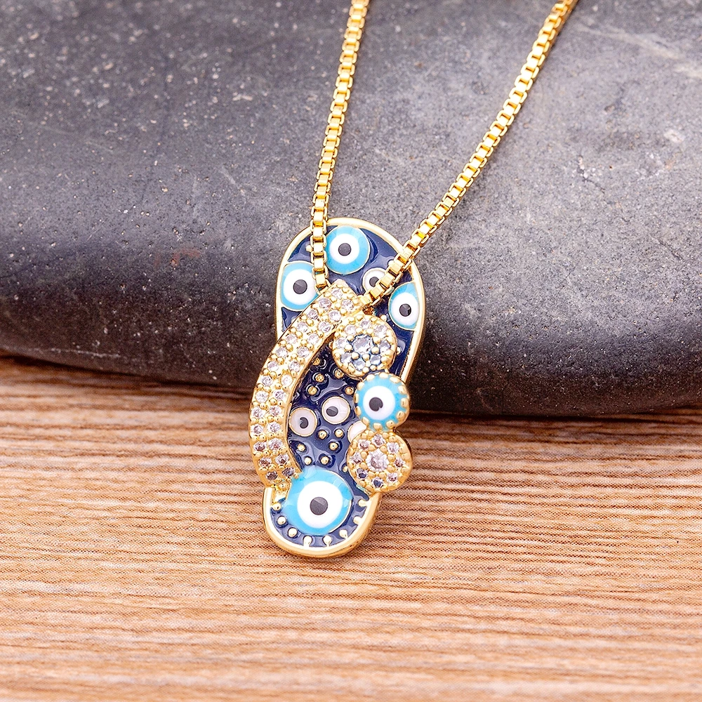 Nidin Mirco Pave CZ Rhinestone Enamel Slipper Pendant For Women Blue Evil Eye Necklace Chain Gold Plated Party Summer Jewelry