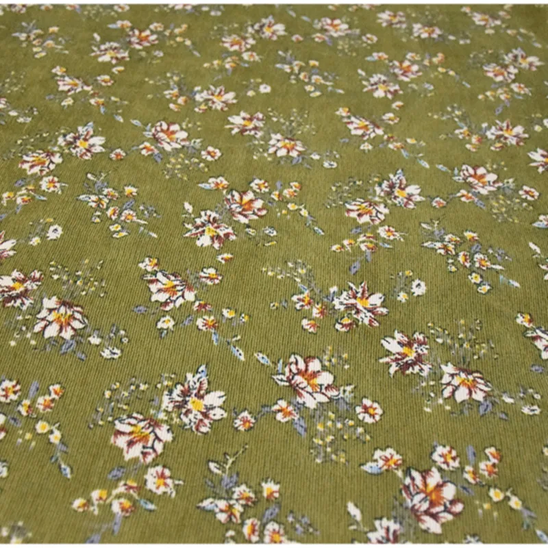 Half Meter Autumn Green Little Flower Print Cotton Corduroy Fabric For Cheongsam Trousers Girl Garment Material T1487