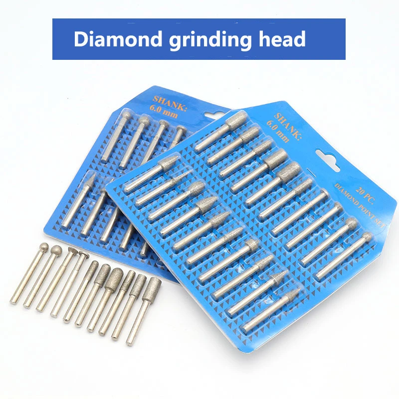 20PCS 6mm Diamond Point Burr Bits Head Dremel Accessories Shank Grinding Needle Carving Polishing Set Mounted Mini Drill Tools