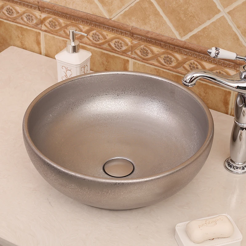 Artistic Porcelain oval Ceramic Bathroom Sink Countertop ceramic Wash Basin silver