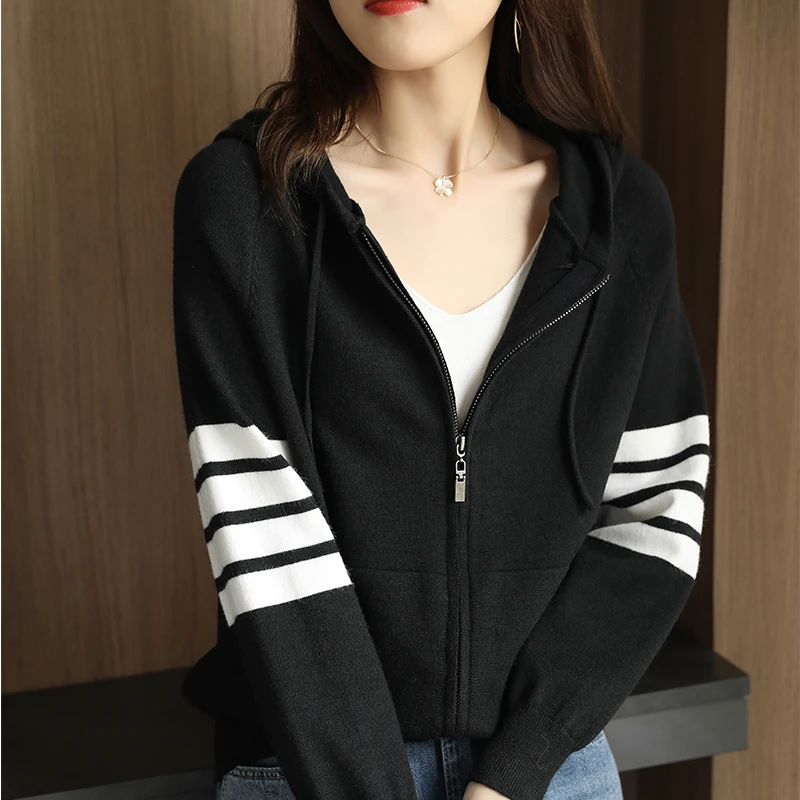 Women Cashmere Sweater Autumn / Winter  Loose TB  Design Hooded Zipper Cashmere Knit Cardigan