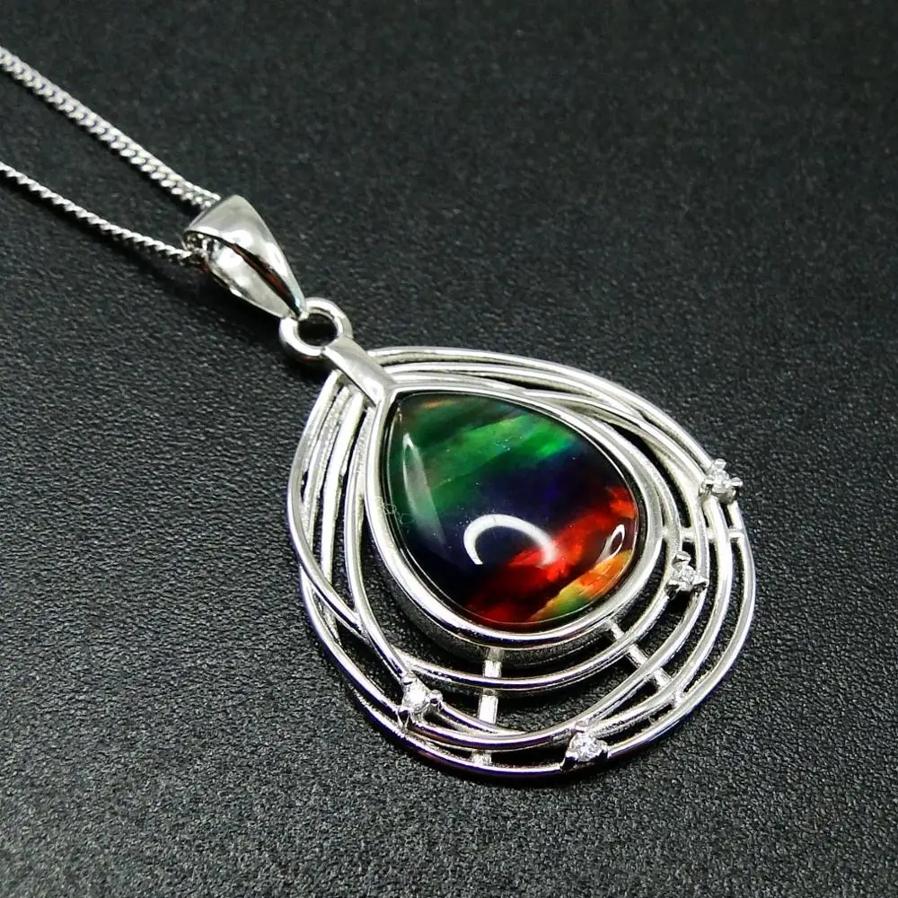 Beautiful Ammolite Pendant 925 Sterling Silver Natural Multi Color MOP Water Drop Pendant Necklace For Women Engagement Wedding