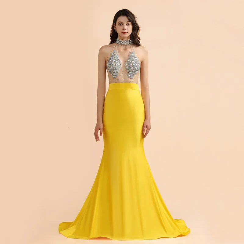 Nova chegada contas pedras busto amarelo sereia vestidos de baile 2021 sexy halter pescoço sem costas vestidos de baile robe de soiree