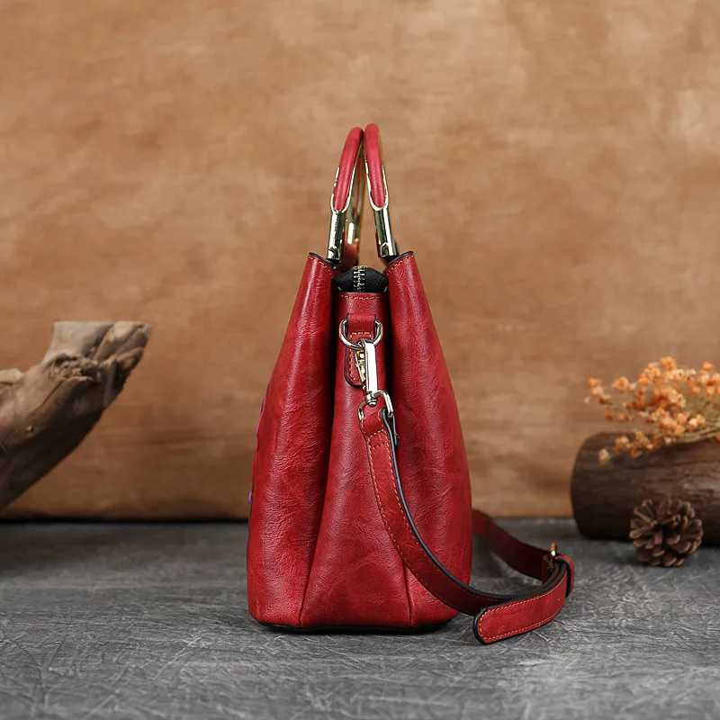 Rose Flower National Wind Restoring Ancient Ways Cowhide Women\'s Handbags Brand High Quality Document Luxury Shoulder Bags