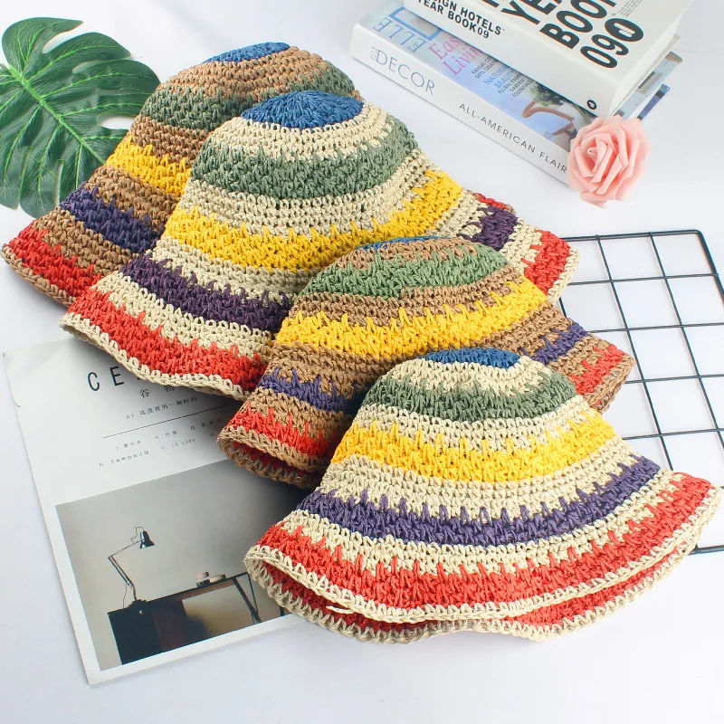 2020 summer Women\'s bucket hat Straw made rainbow Crochet foldable parent-child Panama hat children female beach sun visor Cap