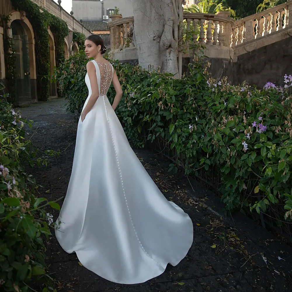 Vestido de novia largo de satén con botones, prenda de vestir con apliques de ilusión en la parte trasera, con bolsillo, color blanco, 2022