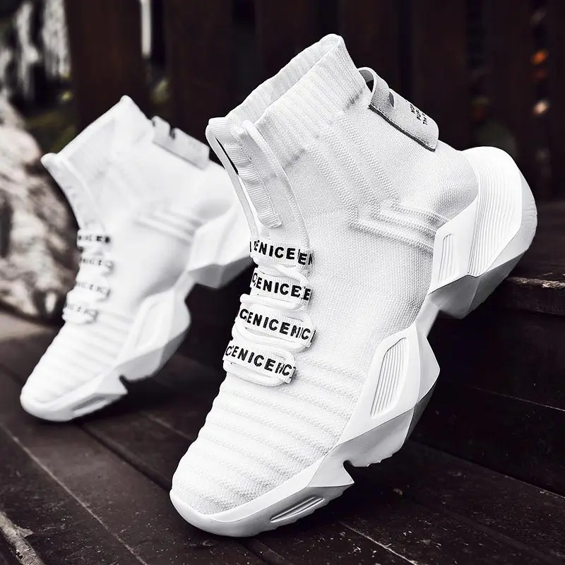 Mais tamanho de alta superior massive sports sock boot masculino meias tênis corrida sapatos esportivos brancos sapatos masculinos malha ginásio