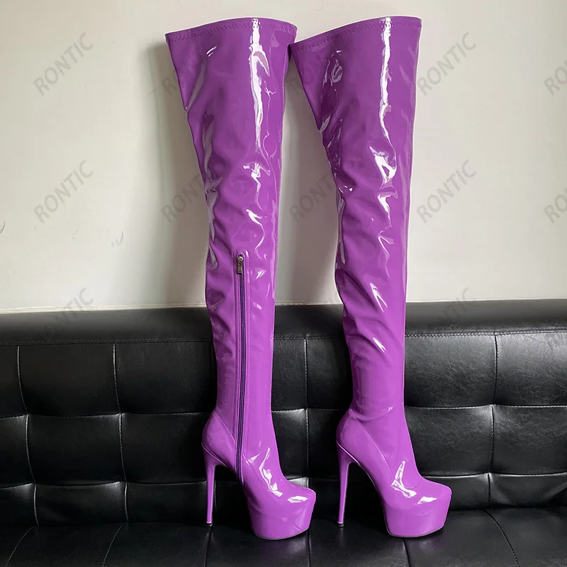 Rontic Handmade Women Spring Thigh Boots Patent Stiletto Heels Round Toe Gorgeous Pink Fuchsia Black Cospaly Shoes Size 5-20