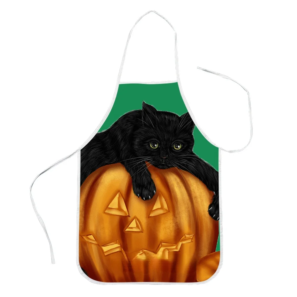 Halloween Theme Apron Cat Lying on Pumpkin Lantern Print Holiday Party Kitchen Apron Men and Women Household Cleaning Tools