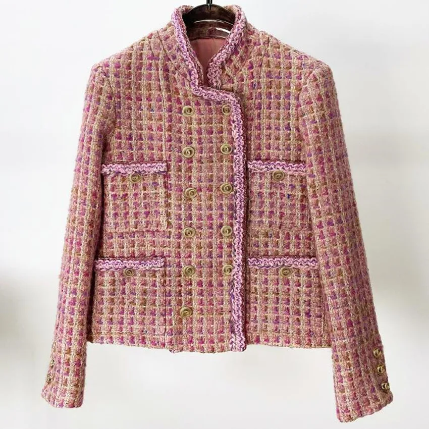 

Smll fragrant pink double-breasted stand-collar woolen short coat women autumn and winter retro tweed knitted outwear