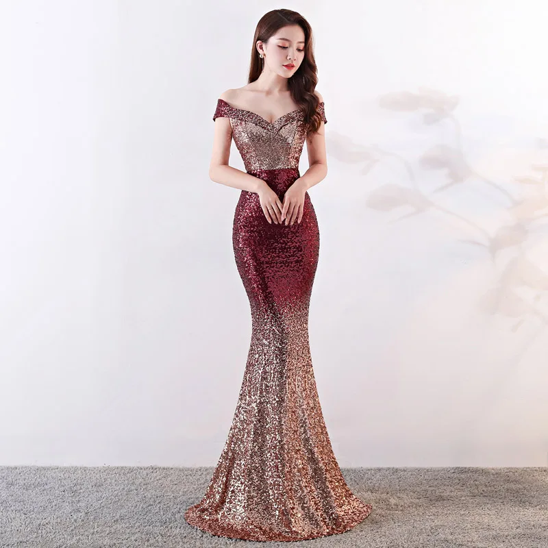 

Boat Neck Evening Party Dress Sexy Vestido de Fiesta Gradient Color Sequins Elegant Long Dress Formal Prom Dress YN-1528