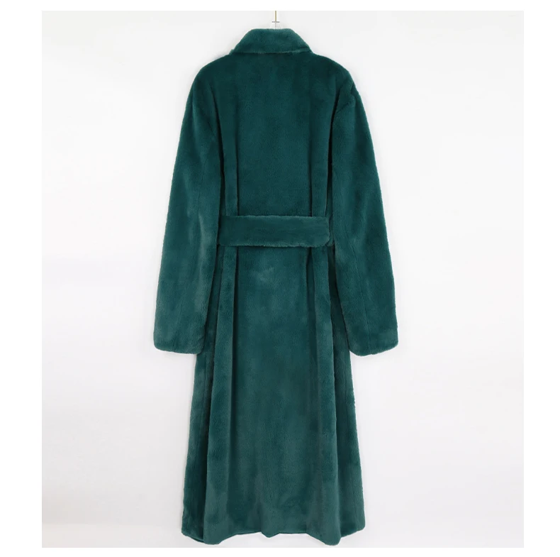 Nerazzurri Winter Long Green Warm Soft Loose Fluffy Faux Fur Coat Women Belt Lapel Elegant Luxury Designer Korean Fashion 2021