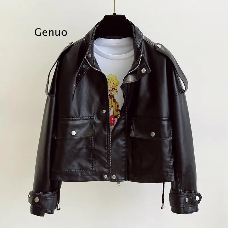 Neue Herbst Frauen Faux Leder Jacke Pu Motorrad Lose Straße Schwarz Punk Mantel Weibliche Große Tasche Rosa Leder Mantel