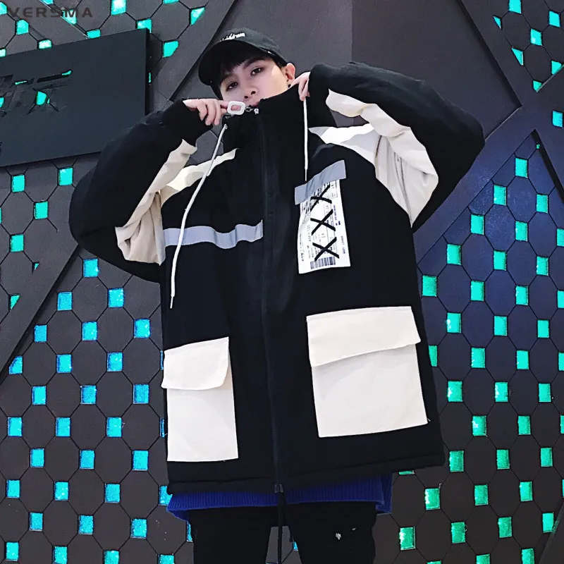 VERSMA Korean Style Clothing Men 3M Reflective Winter Jacket Coat Men Parka Hip Hop Warm Youth Winter Jackets Men Dropshipping